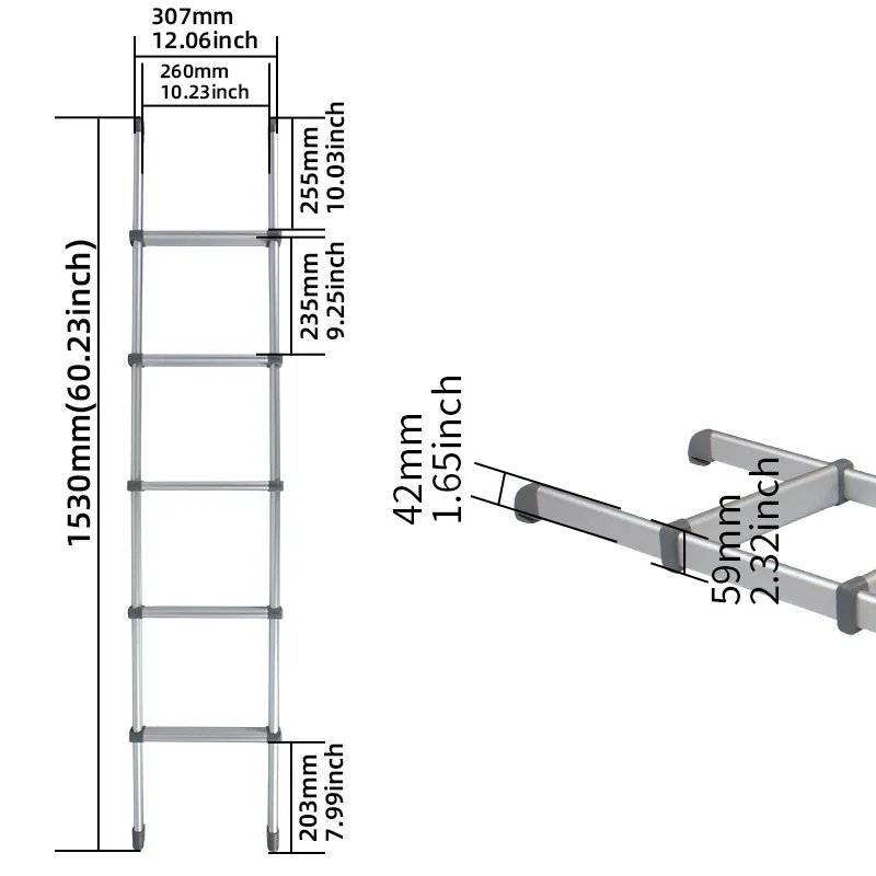 Peças exclusivas para trailer de caravana TYTXRV RV, escada de beliche RV de 60,23 ", escada de beliche de alumínio integrada de 5 degraus com suporte fixo