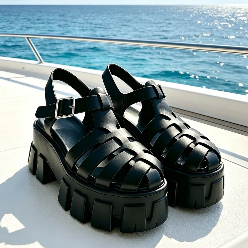 Popular New Black Genuine Leather Women'S Height-Increasing Slippers Personalized High Heels Breathable Women'S Custom Sandals