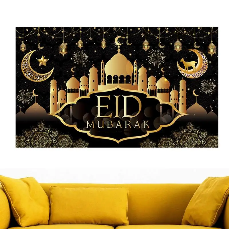 

Religious-themed Door Decoration Black Gold Religious Door Banner Polyester Anti-fading Moon And Star Pattern Eid Banner