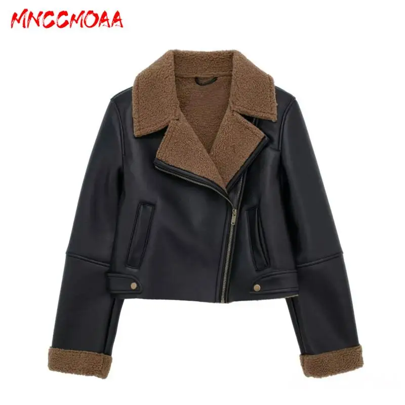 MNCCMOAA-Veste ample en similicuir pour femme, manteau décontracté, manches longues, poches zippées, vêtements d'extérieur chauds, mode d'hiver, 2024