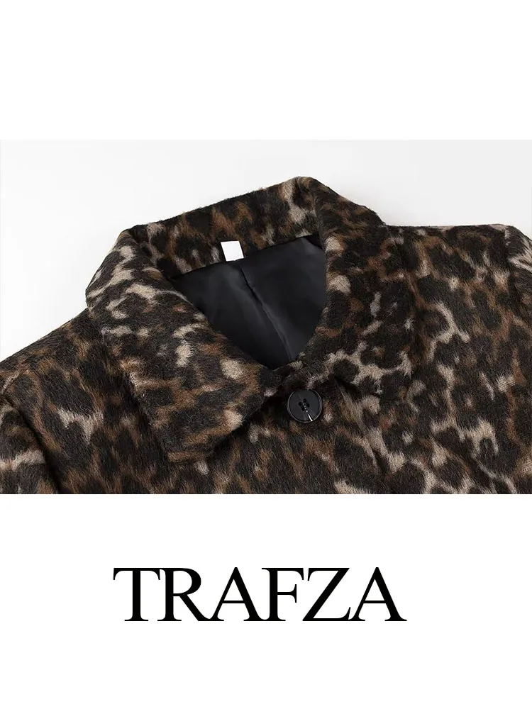 Trafza-女性用ヒョウ柄ショートジャケット,襟を折りたたんだジャケット,シングルブレスト,ポケット,装飾コート,長袖,カジュアル,秋