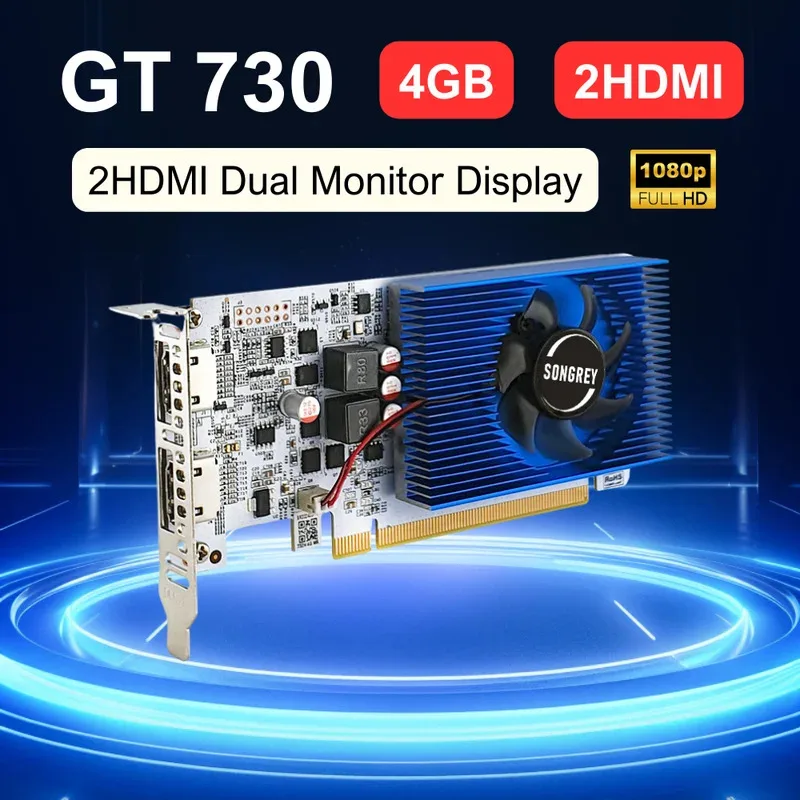 SONGREY GT730 4GB DDR3 2HDMI Graphics Card 2 Monitor Display  PCI-E2.0 16X ,Computer GPU, 1080P Low Profile GPU, 1Year Warranty