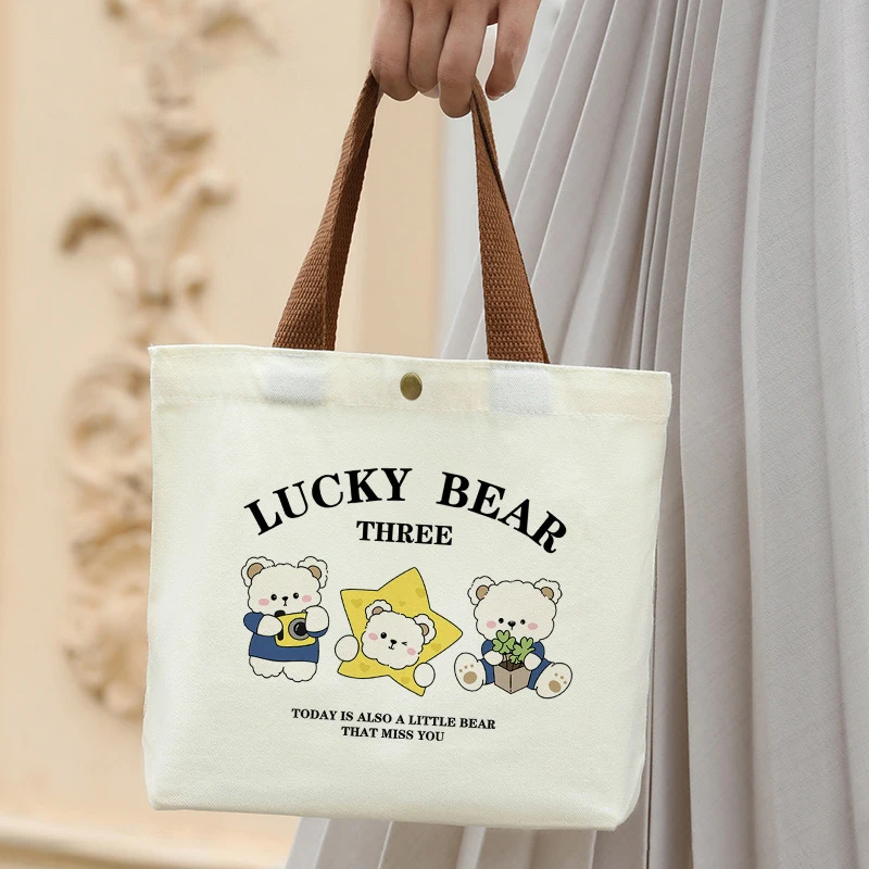 Cartoon Pattern Printed Canvas Handbag Mini Office Worker Lunch Tote Bag Storage Bags