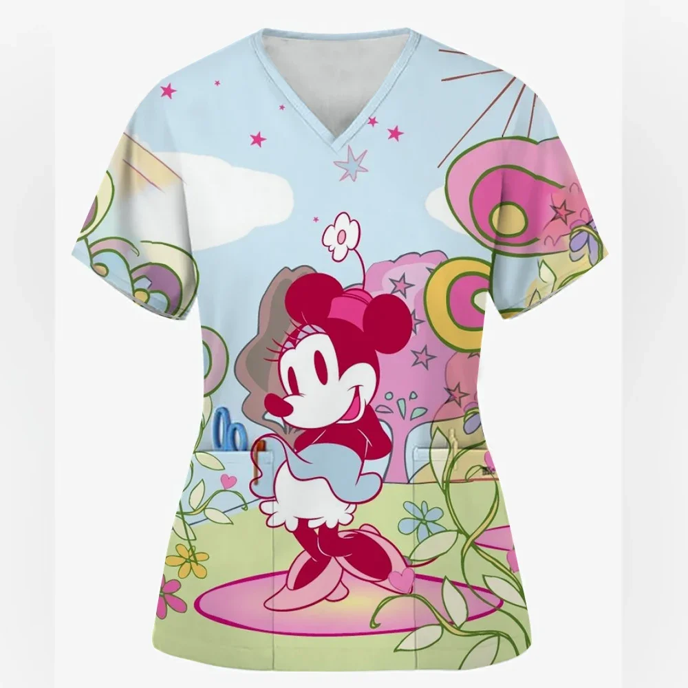 

Disney Minnie Mickey Mouse print V-Neck Scrub Fashion Uniforms Pet Grooming Nurse Spa Caring Shirt uniformes Summer