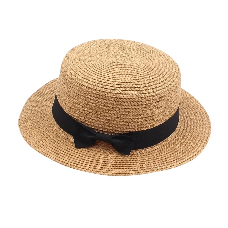 Damen-Sommerhut im britischen Stil, einfacher Strohhut mit kleiner Krempe, koreanischer Stil, Schleifenknoten, flacher Sonnenhut, beliebter Damen-Strohhut – Detail 9