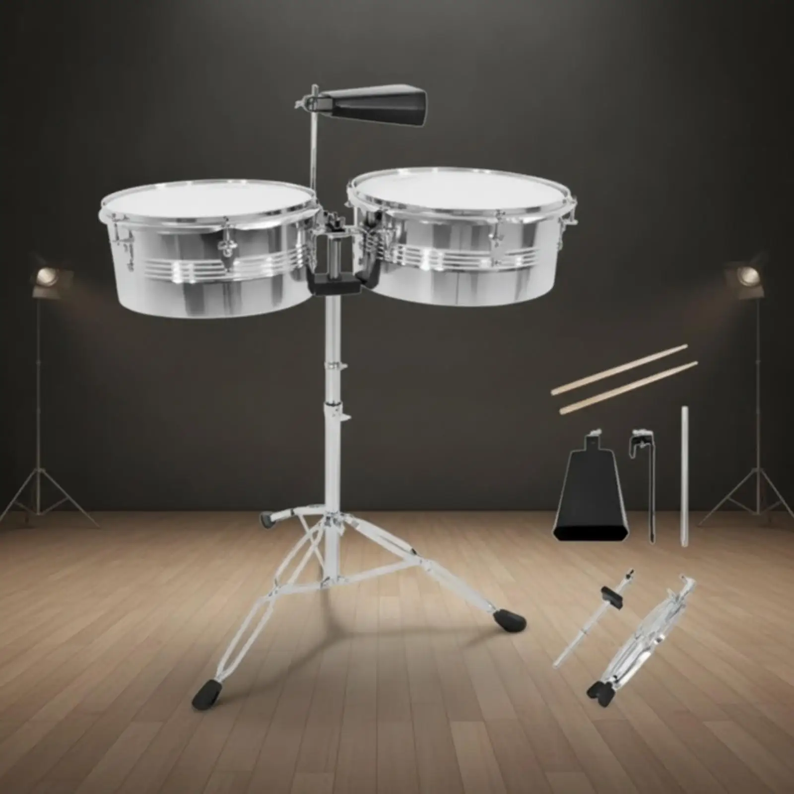 Timbales with Stand and Cowbell Double Timbales with Used for Rehearsals