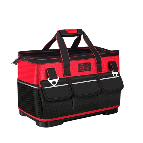 A Red Electrician'S Tool Bag Available in 17-Inch, 19-Inch, And 23-Inch Sizes, Featuring a Square Pocket Made of Thick Canvas And Oxford Cloth, Designed for Maintenance Tool