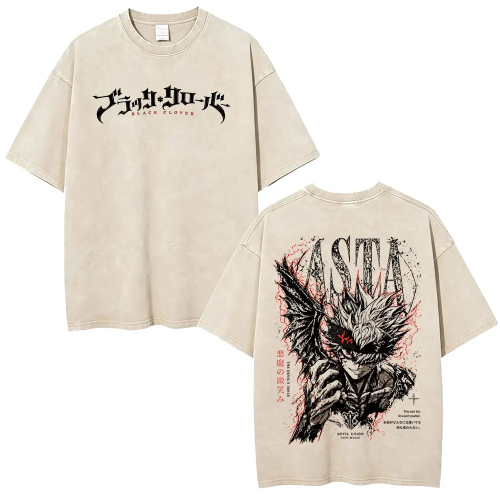 Anime Black Clover Asta Vintage Acid Washed T Shirts Men's Women Clothing Fashion Harajuku T-shirt Casual Short Sleeve T-shirts