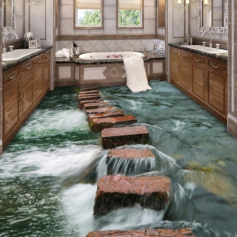 Custom 3D Floor Sticker Mural Self-adhesive Wallpaper River Stones Bathroom Floor Decor Paper Waterproof papel DE parede stone