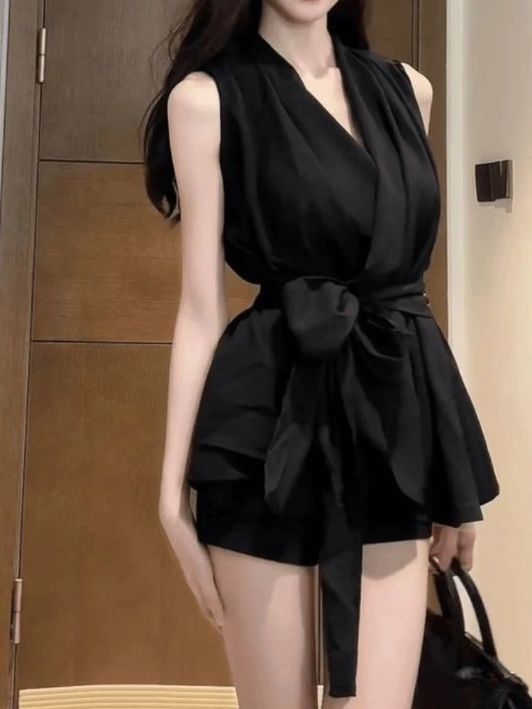 Summer French Elegant Pure Color Sleeveless Tops 2000s Vintage Slim Sweet Tanks Subculture Evening Party Clothing Y2k 2025 Chic