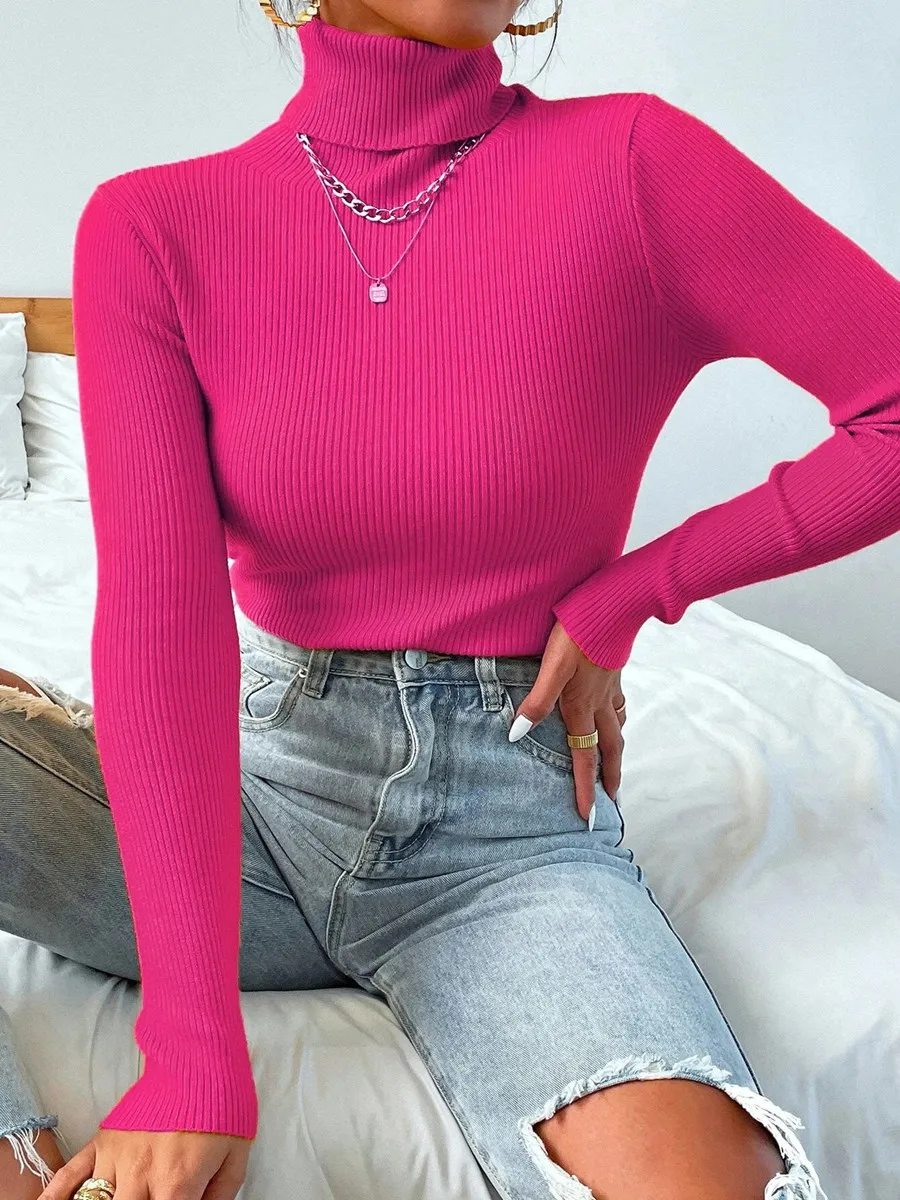 

Autumn Winter Women Knit Solid Turtleneck Pull Sweater Casual Rib Jumper Tops Female Home Pullover Y2K Clothing 2025
