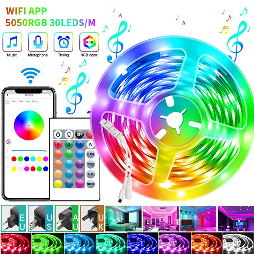 WIFI APP 30LEDS/M 5050RGB LED Strip Lights  SMD Flexible RibbonWith power adapt Tape Diode for Room Party