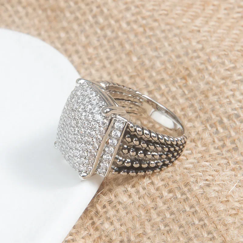 

20mm x 15mm diamond set fashion 925 silver ring with exquisite twisted pattern design, 4-prong women's ring jewelry gift