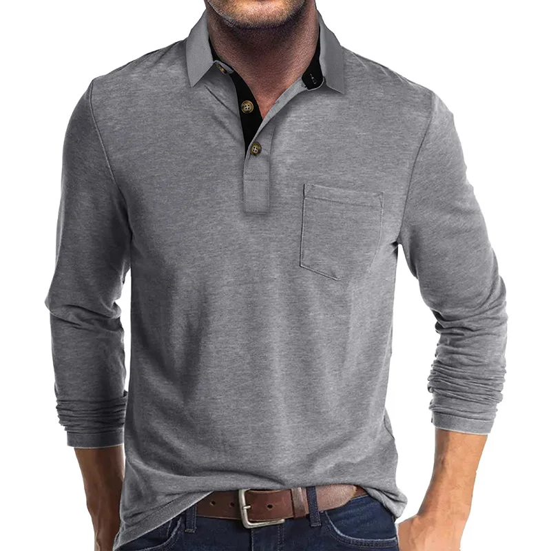Polo de moda para hombre Camisa clásica de algodón de manga larga con botones cálidos y bolsillos