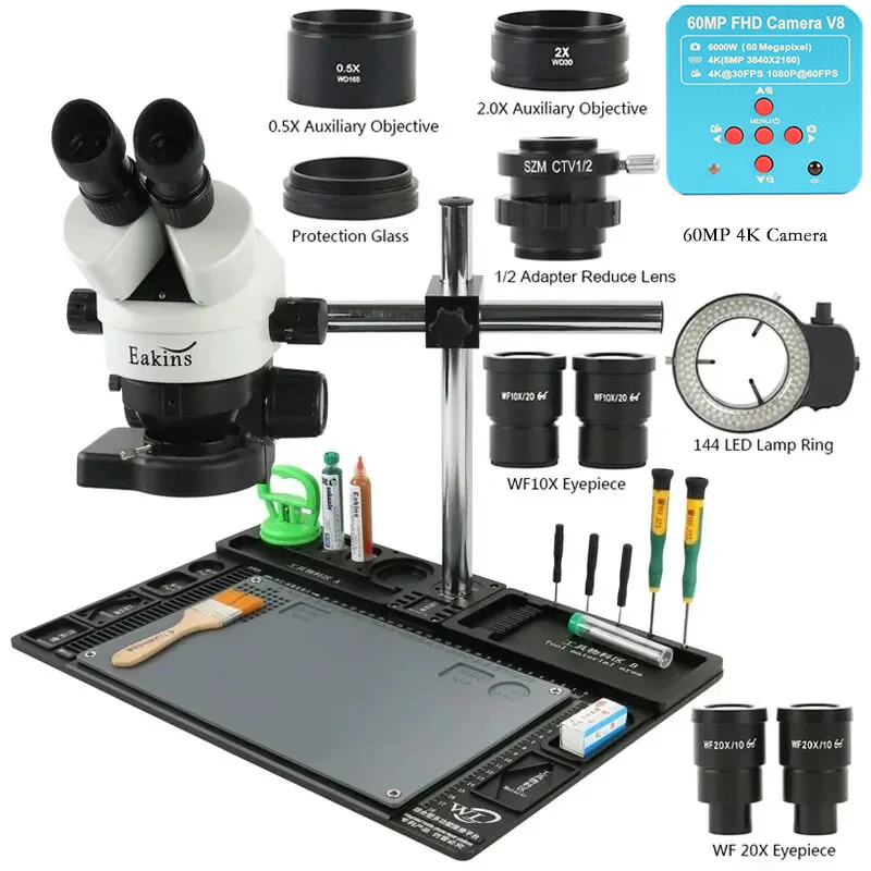 60MP 4K HDMI USB Video Camera 3.5X-90X 180X Simul Focal Trinocular Stereo Microscope 1/2 CTV Lens Single Arm Rotating Bracket