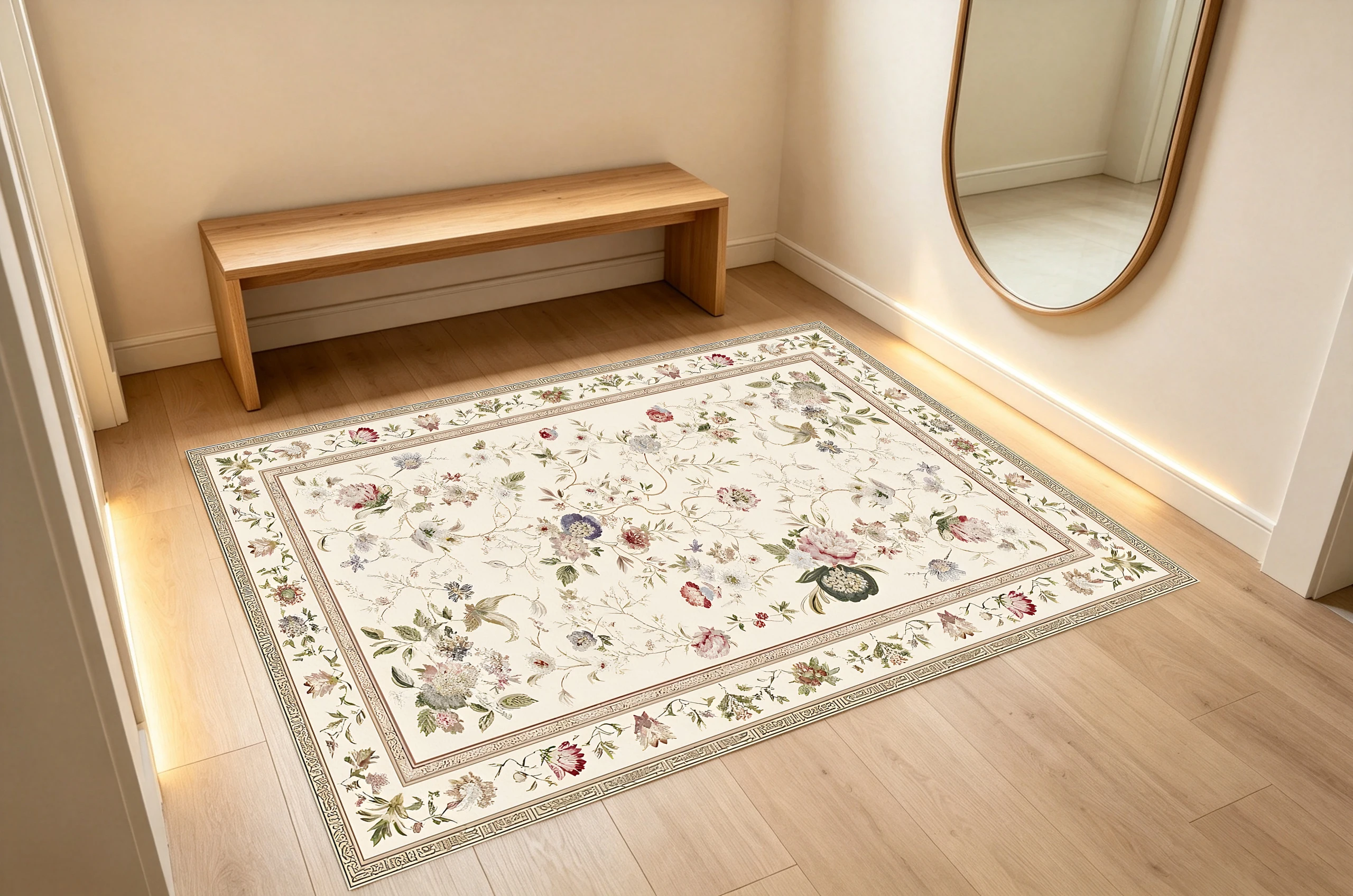 2D Velvet Rug in Off-White French Floral Pattern: Soft, Comfortable, & Suitable for Living Rooms & Bedrooms Enhances