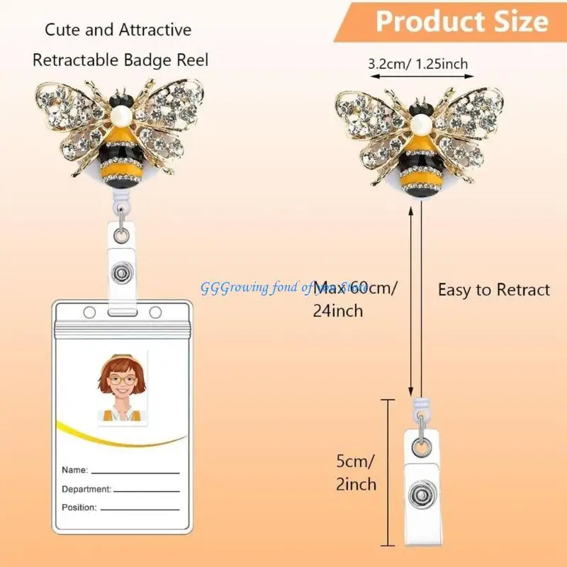 H9EB Stretchable Butterfly Rhinestones Badge Clip 60cm ABS Security Holder for Workplaces Cards and Access Passes