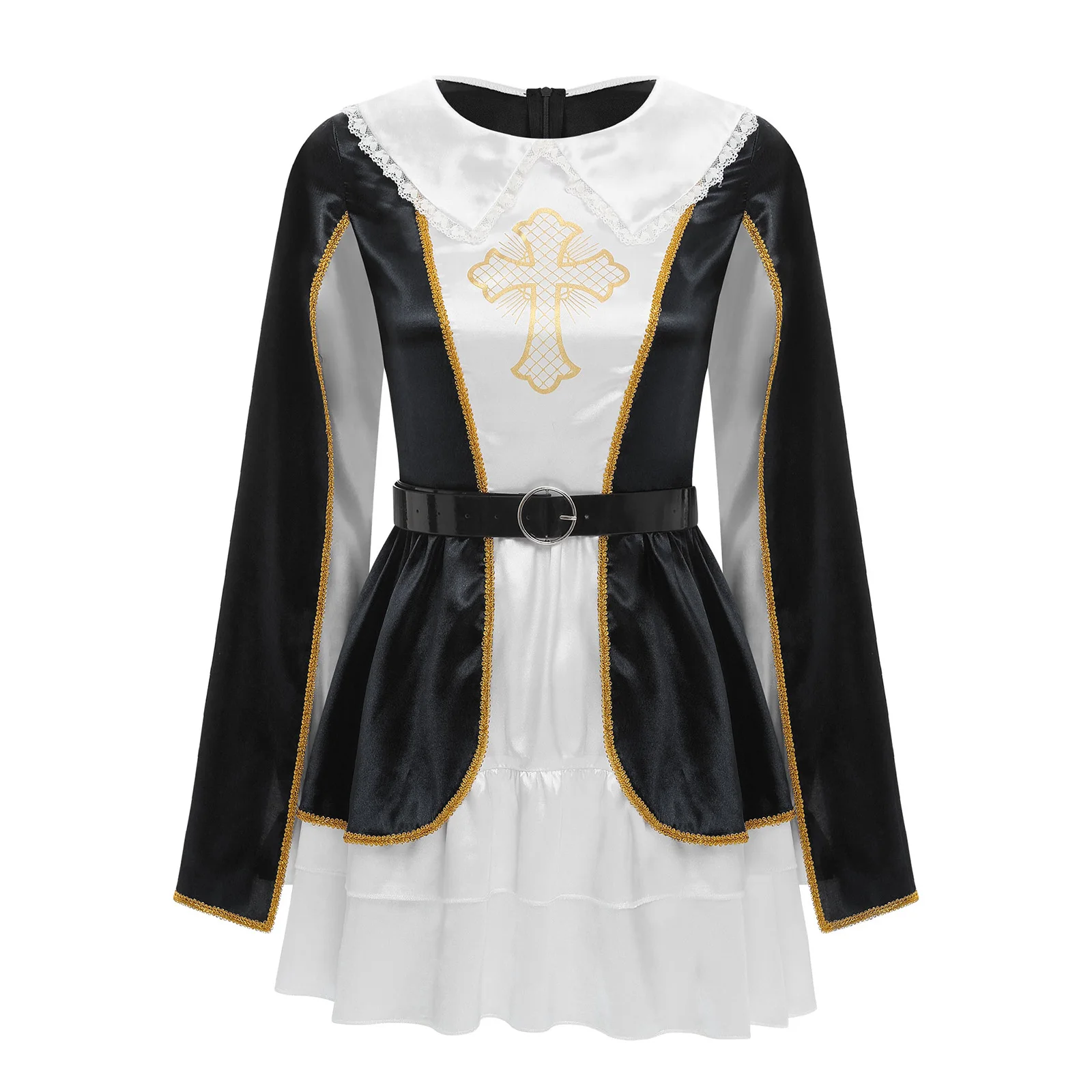 

Women Stylish Halloween Musketeer Outfit for Women Contrast Color Long Sleeve Dress with Layered Skirt And Belt Cosplay Costume
