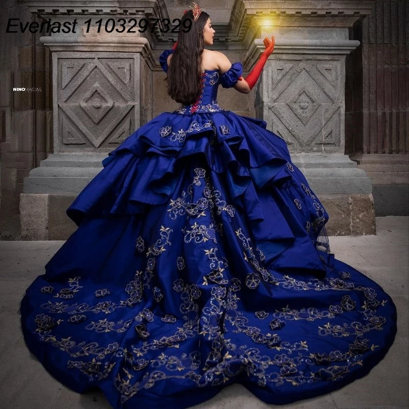 EVLAST-Vestido Quinceanera Azul Royal, Vestido de Baile, Lace Applique, Beading Espartilho Ruffles, Doce 16, 15 Anos, TQD601