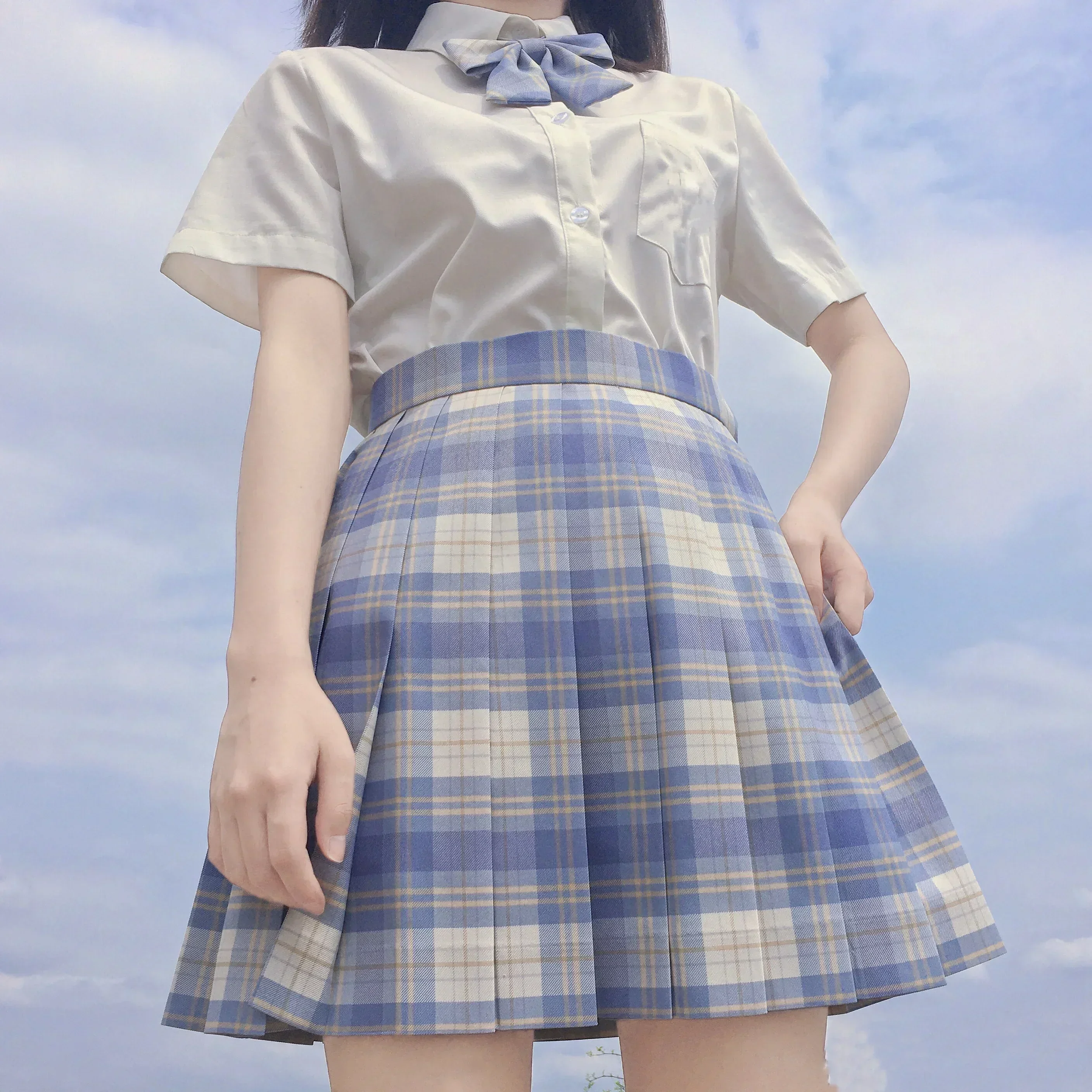 [Ice Cream] Japanese Girl Summer Blue Plaid High Waist Pleated Skirts Plaid Skirts Women Dress For JK School Uniform Students