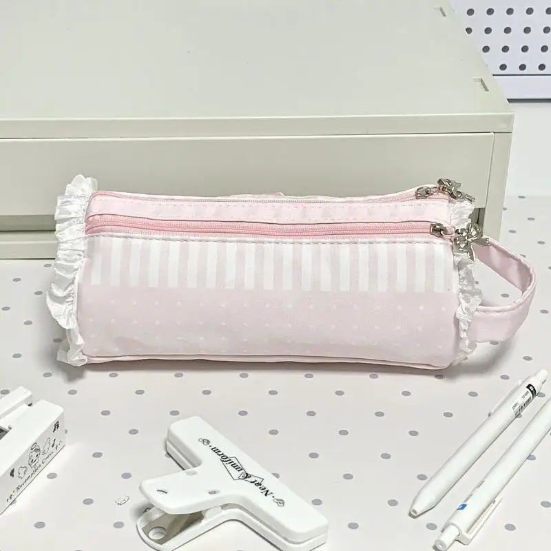Rosa Mädchen-Stiftetui mit süßer Spitze, großes Fassungsvermögen, Schreibtisch-Organizer, Stifttasche, süße Mädchen-Make-up-Tasche, Geschenk, 1 Stück – Detail 4
