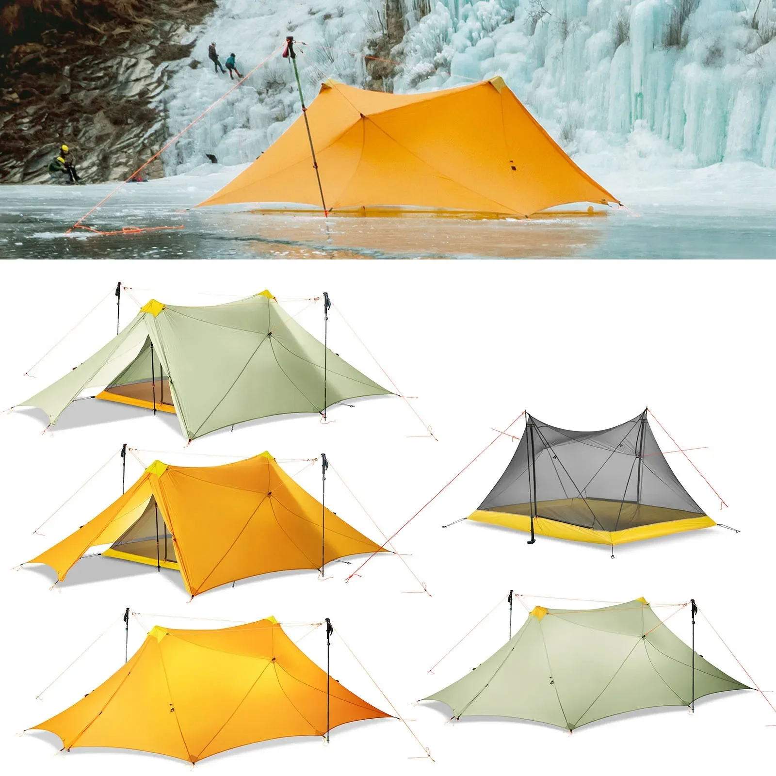 Ultralight 1880g Outdoor Camping Tent Kit 4 Person Nylon Silicone Coated Rodless Large Flysheet& 3 Season Summer Mesh Inner Tent