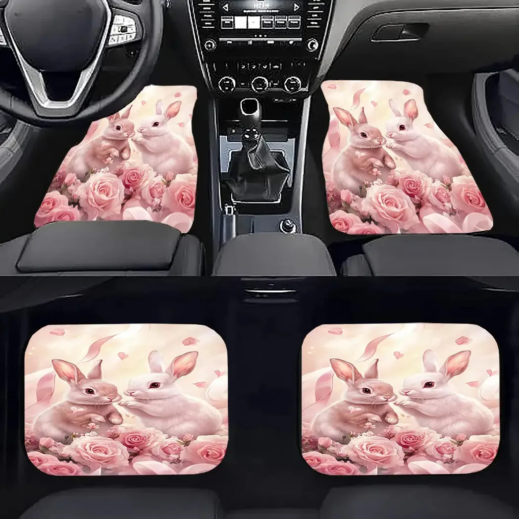 4pcs Crystal Velvet Car Floor Mats With Cute White Rabbit & Pink Rose Pastel Pink Design - All-Weather Fit For Cars & SUVs, Soft