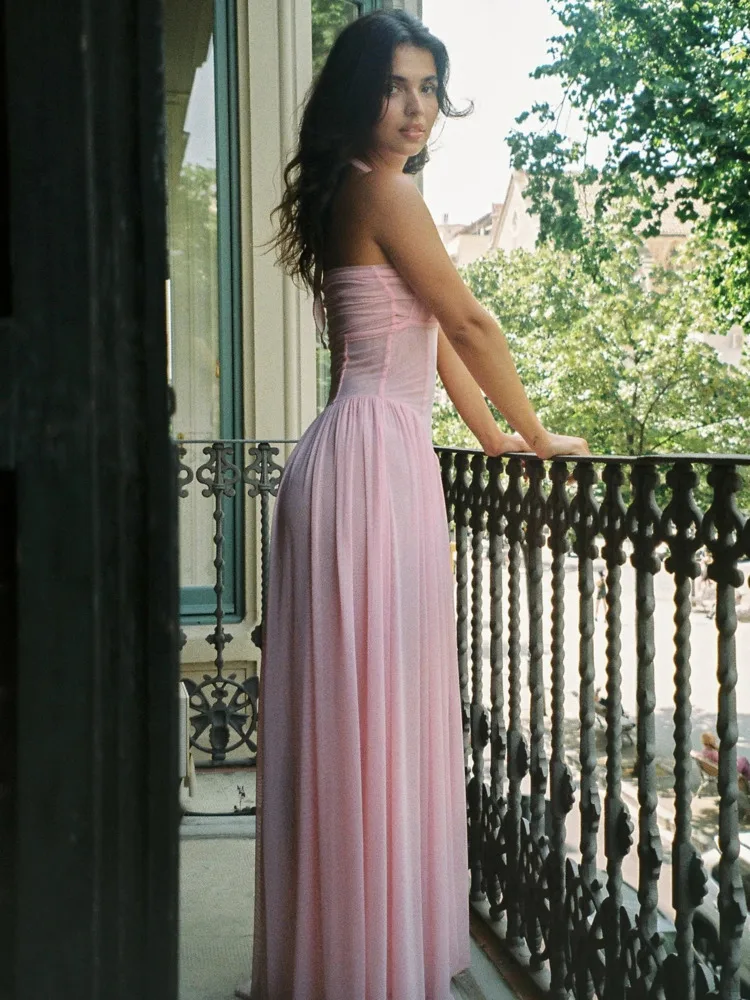 Elegancka Sukienka Bodycon Długa Bez Rękawów z Siateczki Damska Sexy Dekolt V Bez Pleców Obcisła Sukienka na Imprezę Klubową Wieczorowa Nowość 2025 Vestido