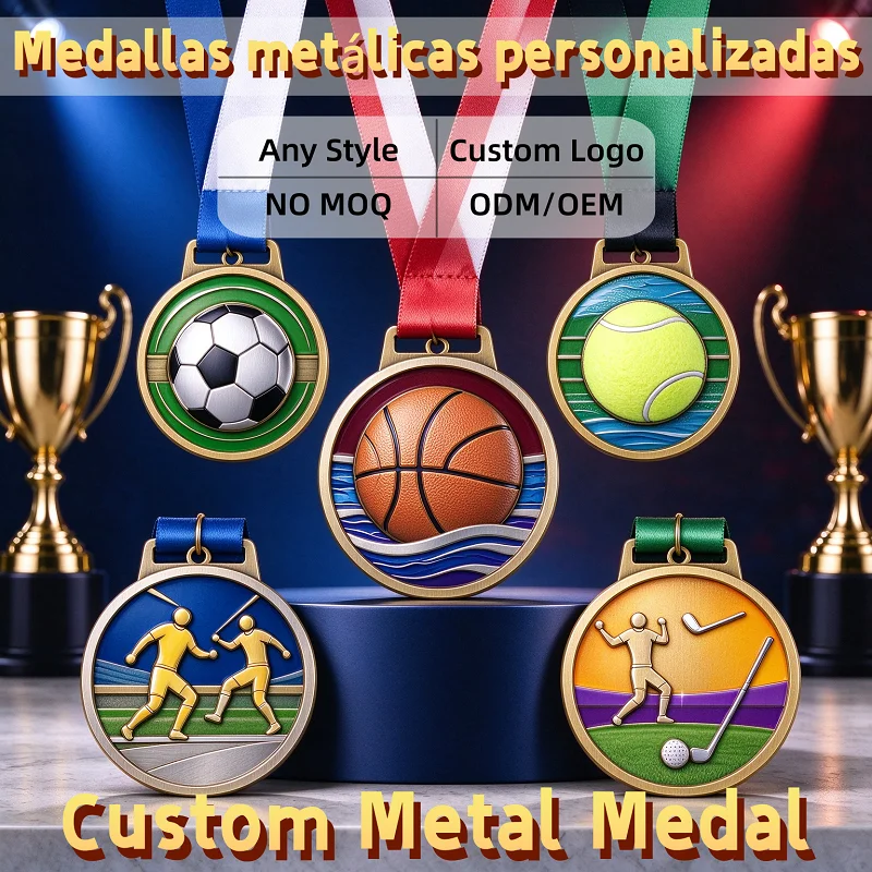 Custom Round Sports Competition Medal Gold Plated Alloy With Digital Printing Cast And Engraved Design Zinc Alloy Football Medal