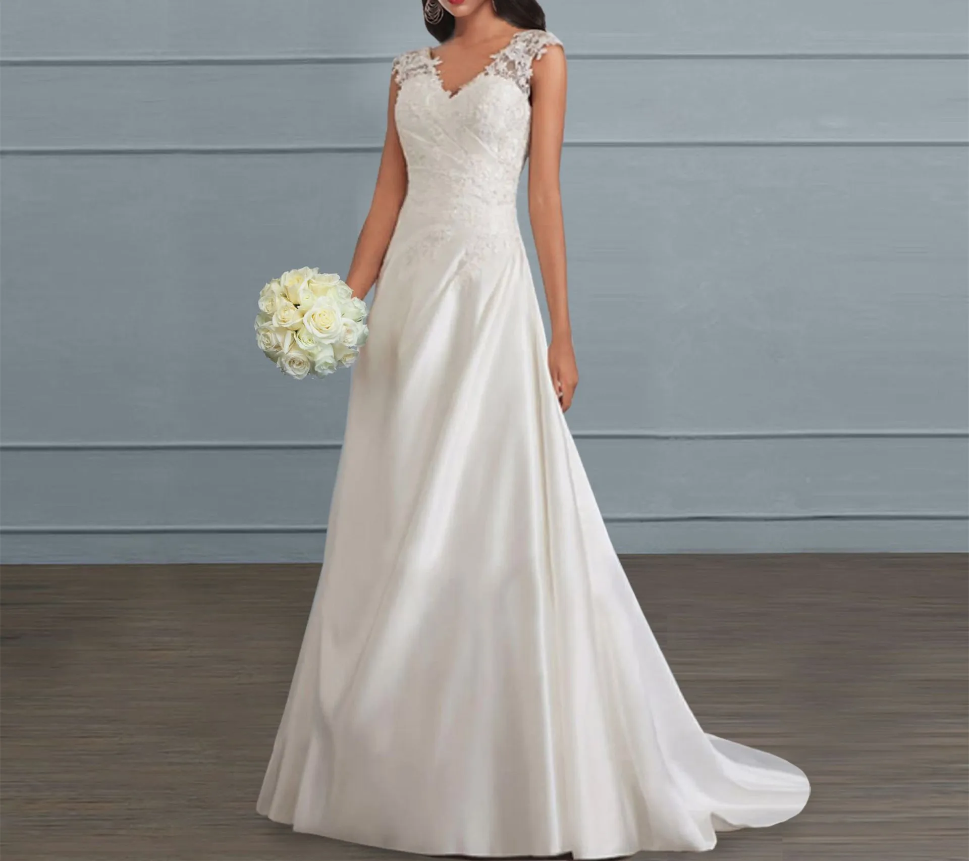 New Fashion Casual Sleeveless V-neck Solid Color Slim Fit Lace Splicing Hollow Out Floor-Length Dress