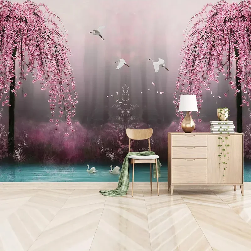 Papel tapiz de murales personalizados 3D, papel tapiz fotográfico de paisaje de Lago de los Cisnes, flor de cerezo rosa, sala de estar, TV, sofá,