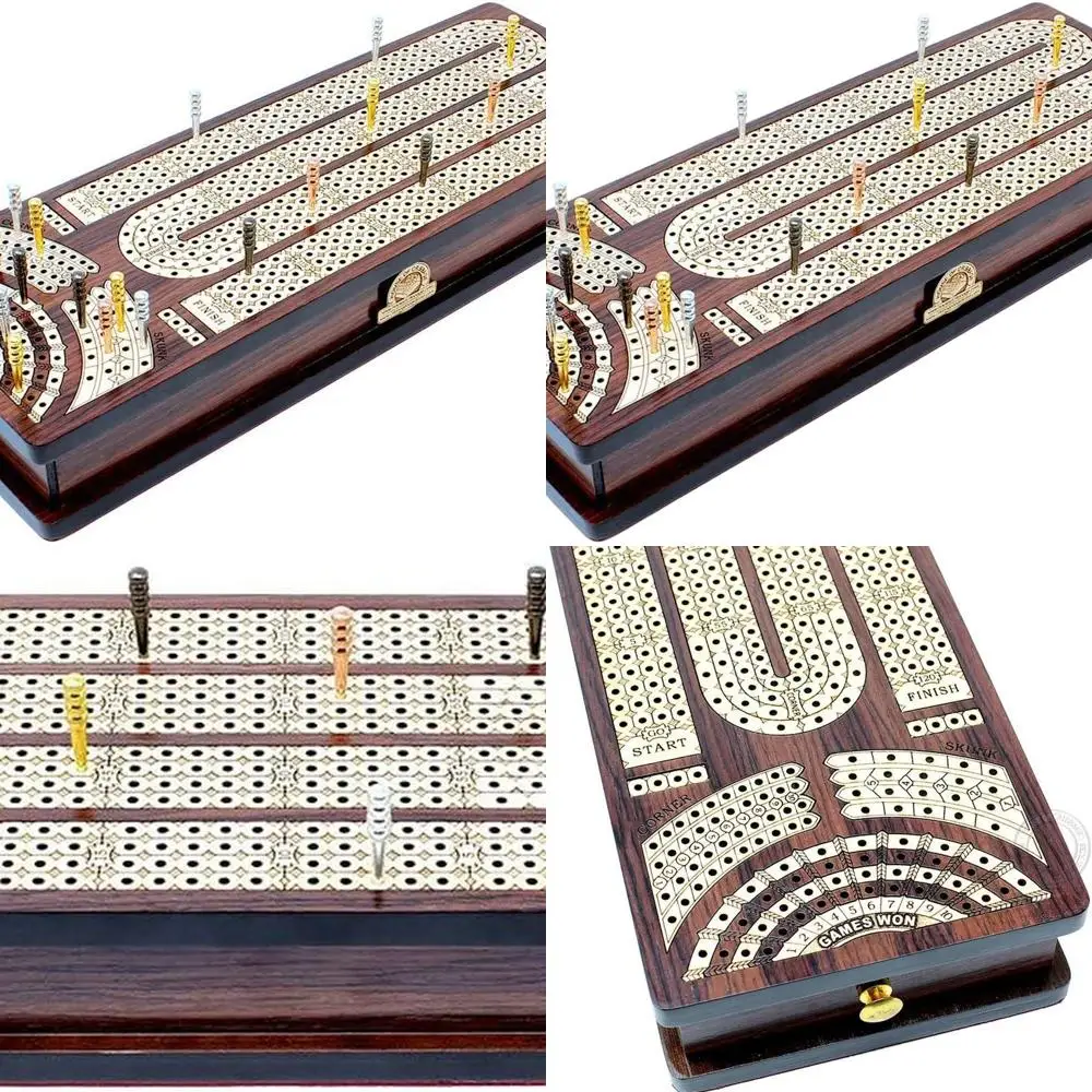 

Rosewood & Maple Cribbage Board with 4-Track Scoring and Drawers for Skunks, Corners, and Wins