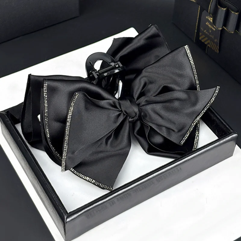 

Korean Bow Tie Rhinestone Hair Claws Clip for Women Black Satin Fabric Hair Clips Headband Versatile Hair Accessories Headwear