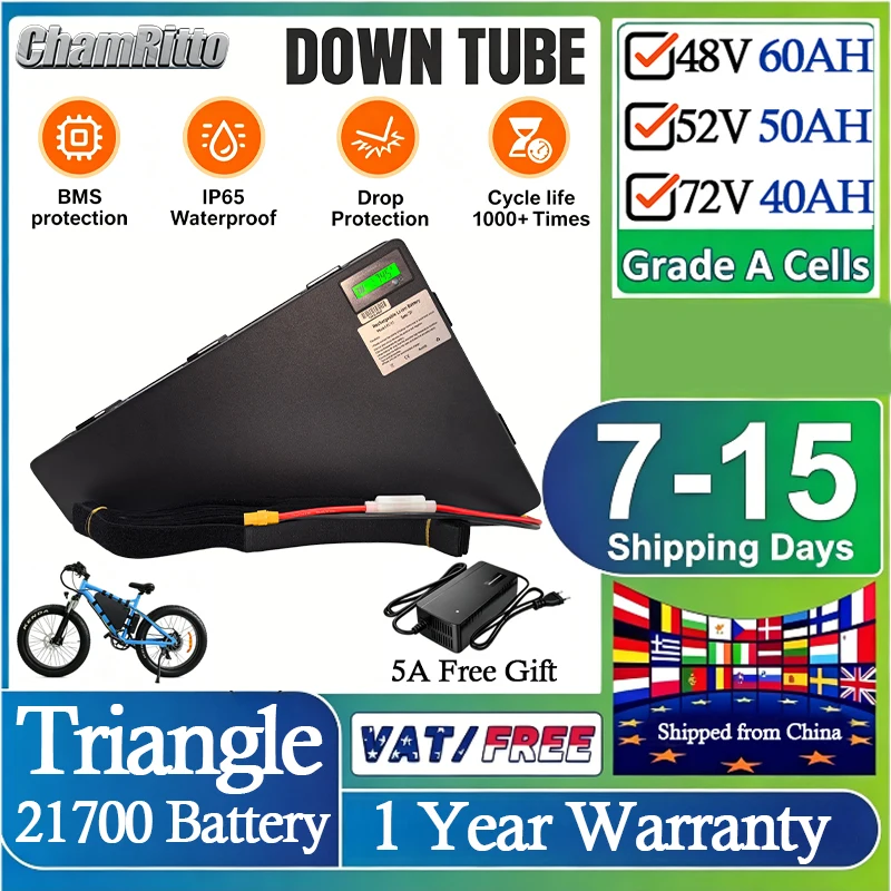 

Cham Electric Bicycle 60v 72v 3000w Triangle rider battery 36v 48v 52v ebike 30 40ah 50ah 60ah 1000w 2000w 21700 lithium battery