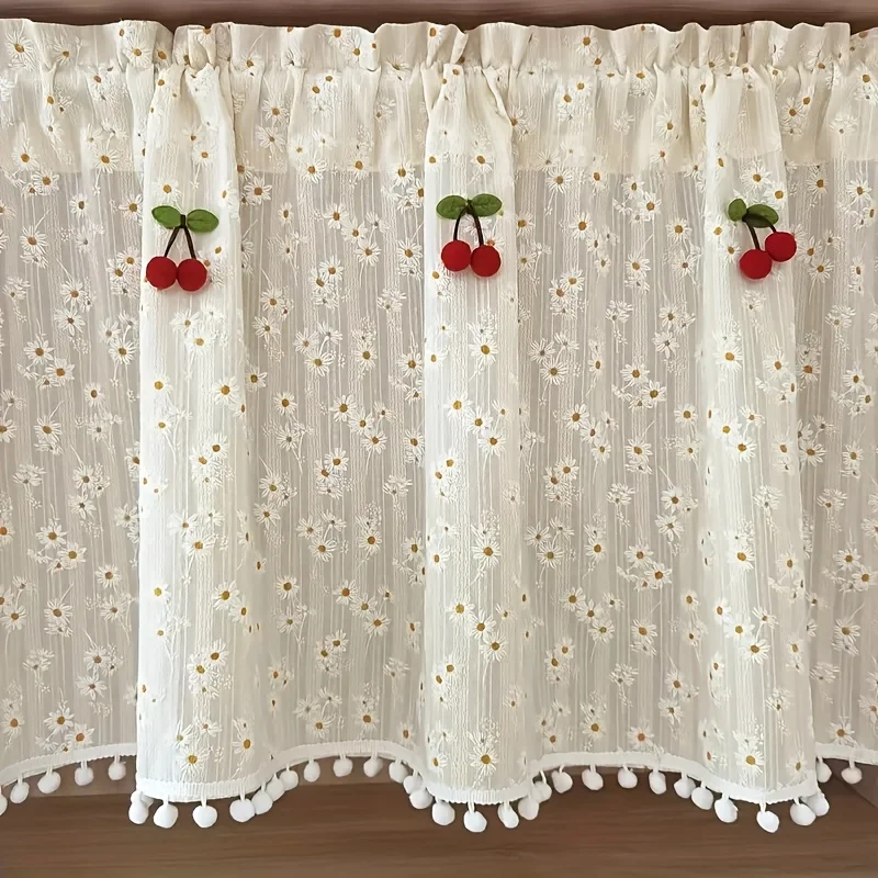 1Pc New Beige Pom-Pom Curtain for Living Room and Bedroom Decoration - Rod Pocket Style Easy to Install, Transparent Polyester Fabric, Suitable for Bedroom, Living Room, Study, Wedding and Coffee Shop Decoration, All-Season Transparent Fabric, Living Room Curtain