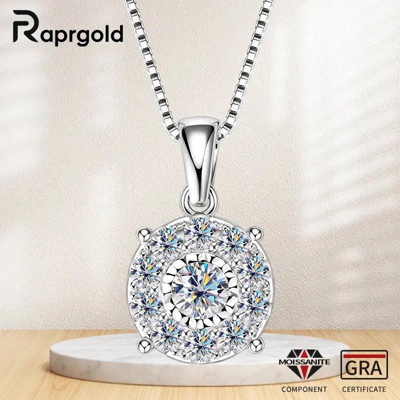 

RAPRGOLD Round Moissanite Pendant Necklace Chain for Women S925 Sterling Silver Necklaces Fine Jewelry Gift with GRA Certificate