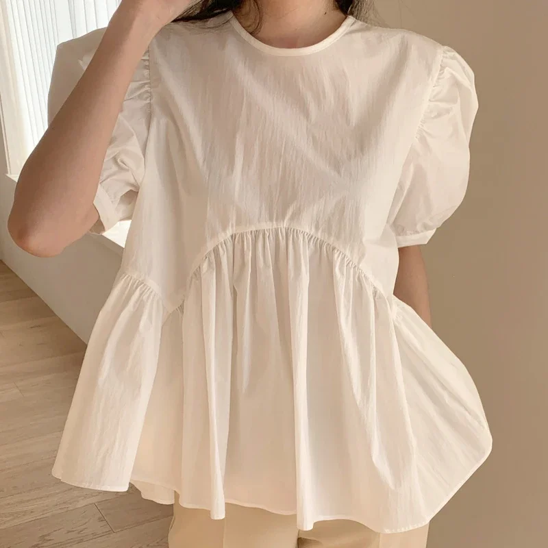 Korean Oversized Loose Women's Shirt Summer New Back Bandage Cotton White Blouses Women Casual Pleated Office Lady Tops 15483