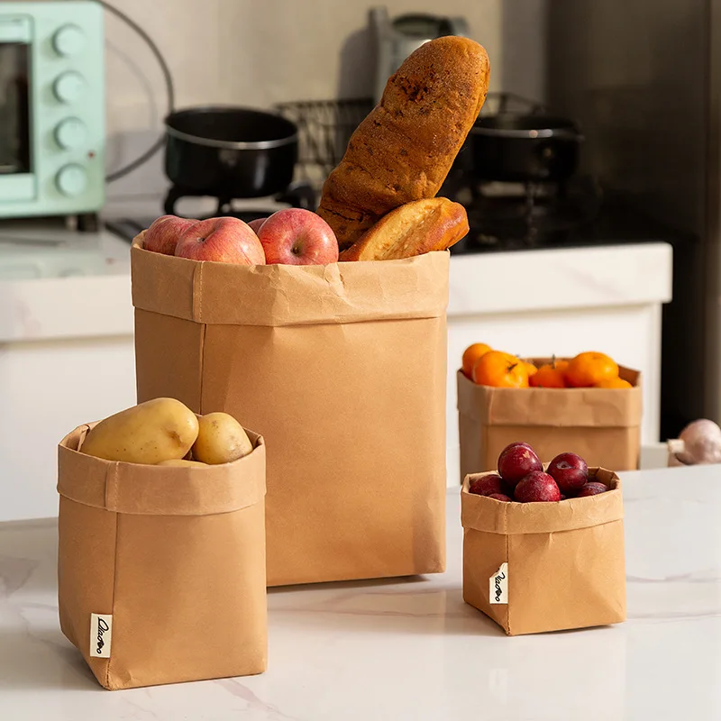 

（five pack ）Waterproof Nordic Style Cowhide Paper Bag Desktop Storage Kitchen Refrigerator Storage Bag Thick Bottom Bag