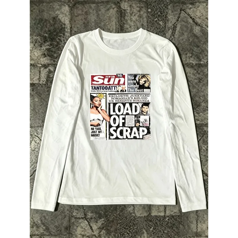 Vintage Newspaper Collage Portrait Long Sleeved T-shirt Y2K Suitable for Both Men and Women, High Street Long Sleeved T-shirt