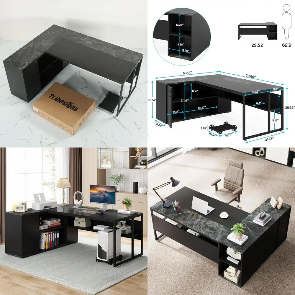 

71-дюймовый L-образный офисный стол с тумбой и местом для хранения, идеально подходит для дома или офиса, черный
