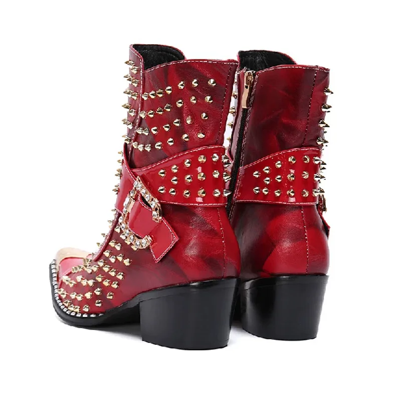 Genuine Leather British Style Punk Rivet Knight Boots Top-grain Leather Men Metal Pointed Toe Thick Heel Motorcycle Ankle Boots view 3