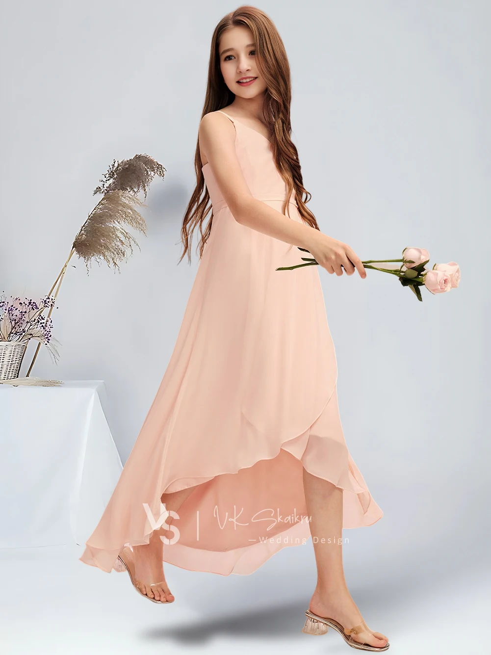 EMI Kids Elegant A-Line V-Neck Junior Bridesmaid Dress Pearl Pink Flower Girl Dress For Wedding Girls Formal Dress​