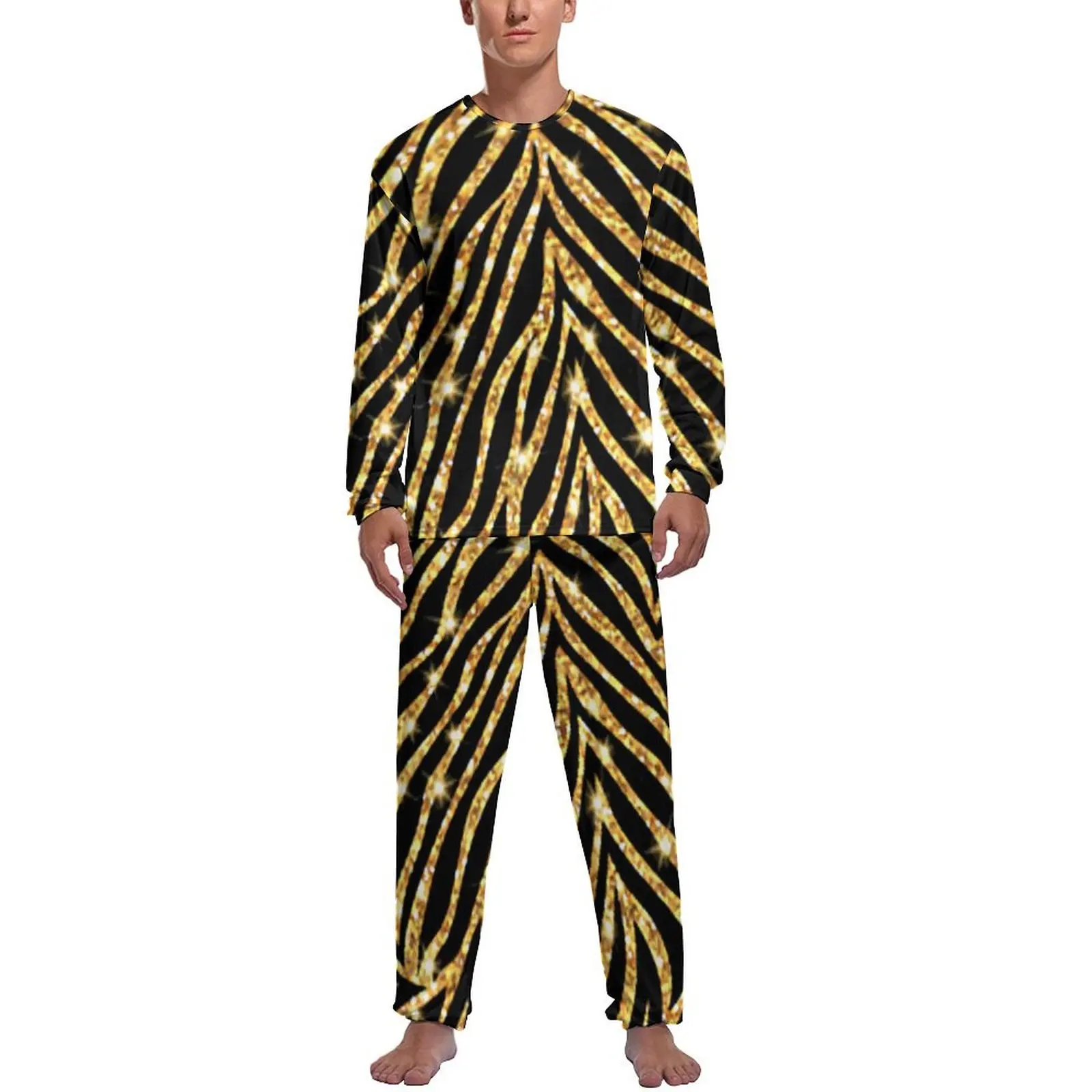 Black And Gold Zebra Pajamas Mens Animal Print Cool Home Suit Daily Long Sleeve Two Piece Casual Pattern Pajama Sets