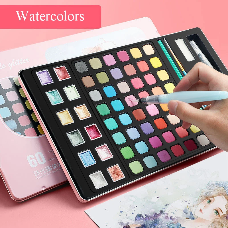 

60color Solid Watercolor Pearlescent Paint Set Portable Metal Box Pigment Beginner Artist Professional Drawing Tool Art Supplies