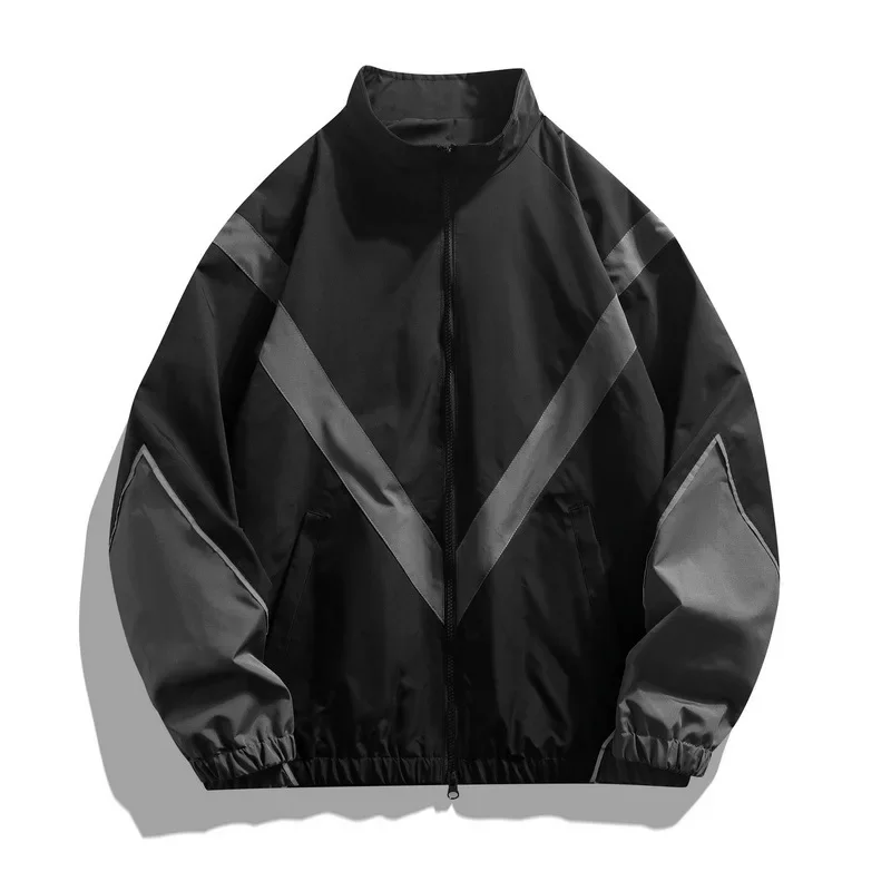 Man Jacket Autumn Fashion Reflective Patchwork Stand Collar Male Outerwear Street Trend Loose Long Sleeve Zipper Sport Men Coat