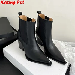 Krazing Pot Cow Leather Pointed Toe High Heels Chelsea Boots Winter Warm Shoes Runway Concise Fashion Dress Women Ankle Boots