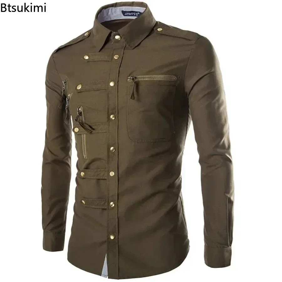 New 2026 Men's Long Sleeve Slim Shirts Metal Button-up Multi Zipper Design Lapel Shirt Coats Gothic Punk Style Shirt Blouse Male
