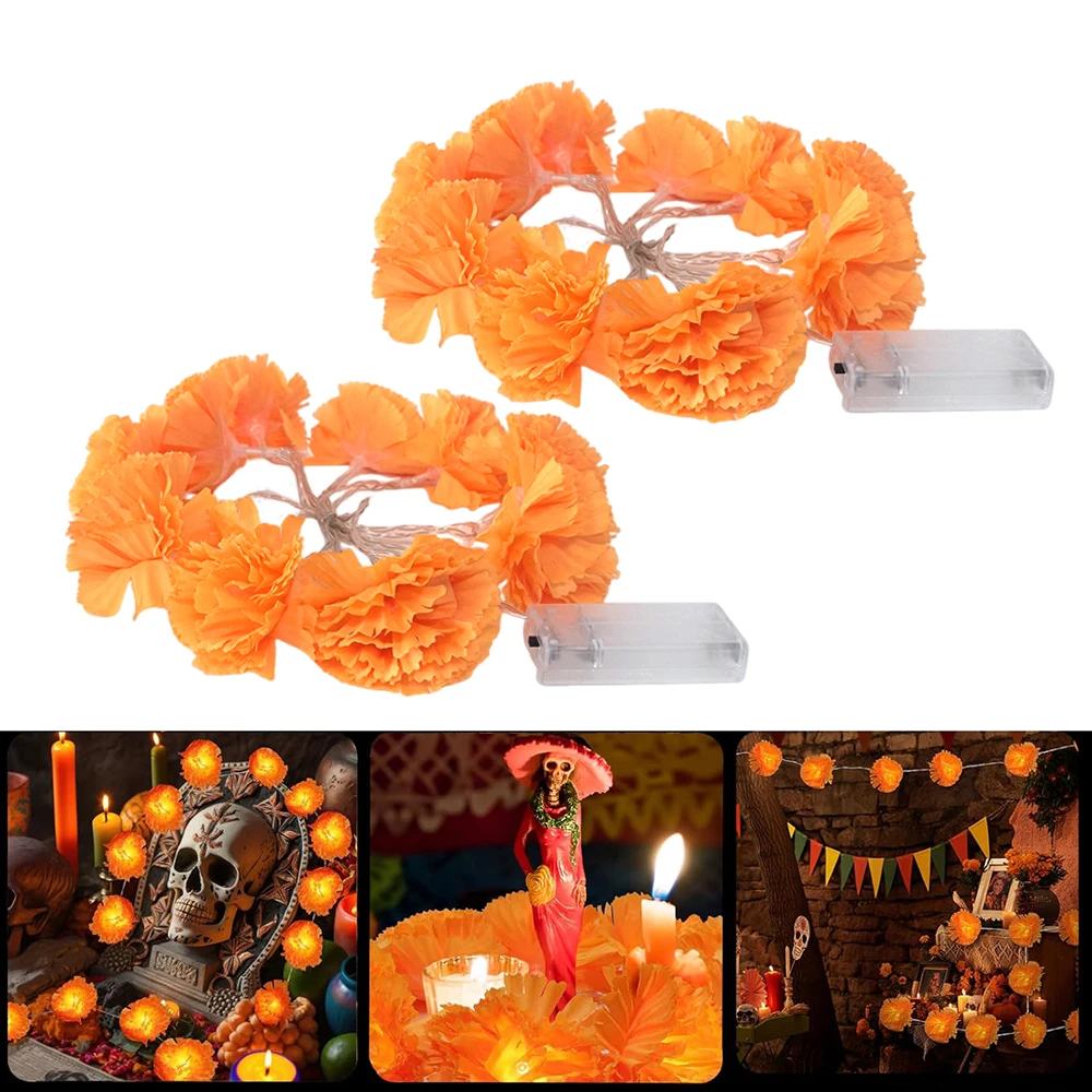1/ 2 Sets Marigold Garland Light String, 10 LED Artificial Marigold Flowers String Lights Dia De Los Muertos Decor for Halloween