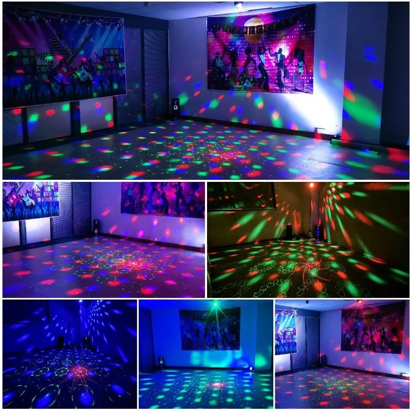 Lampa dyskotekowa DJ z projekcją wzorów i aktywacją dźwiękową, kolorowe światło stroboskopowe RGB Buclhoz na imprezy.