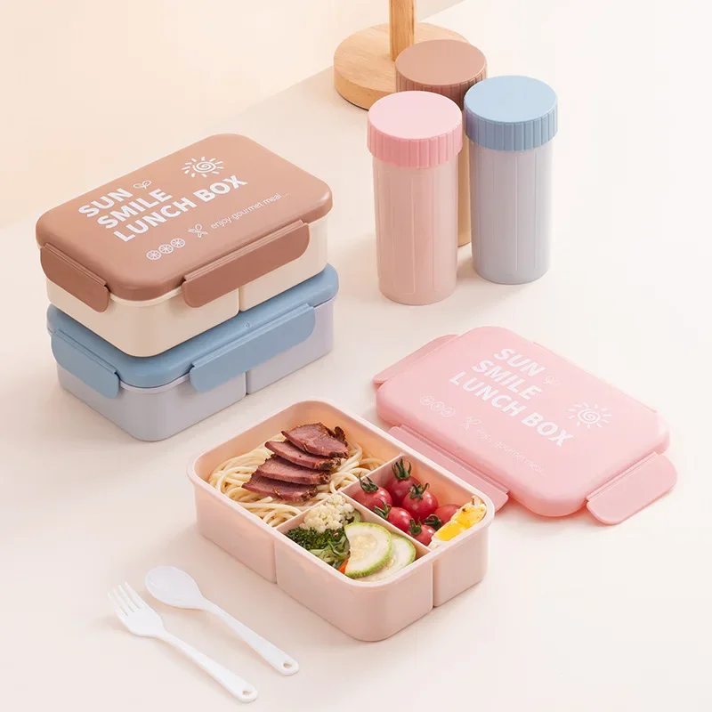 Kids children adult Plastic bento lunch box  with water bottle leak-proof  3 compartment food container microwave